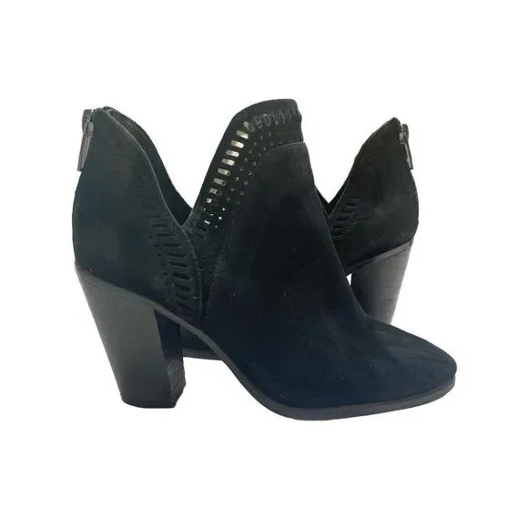 Vince Camuto Black Leather Suede Laser cut Block Heel Bootie Shoes